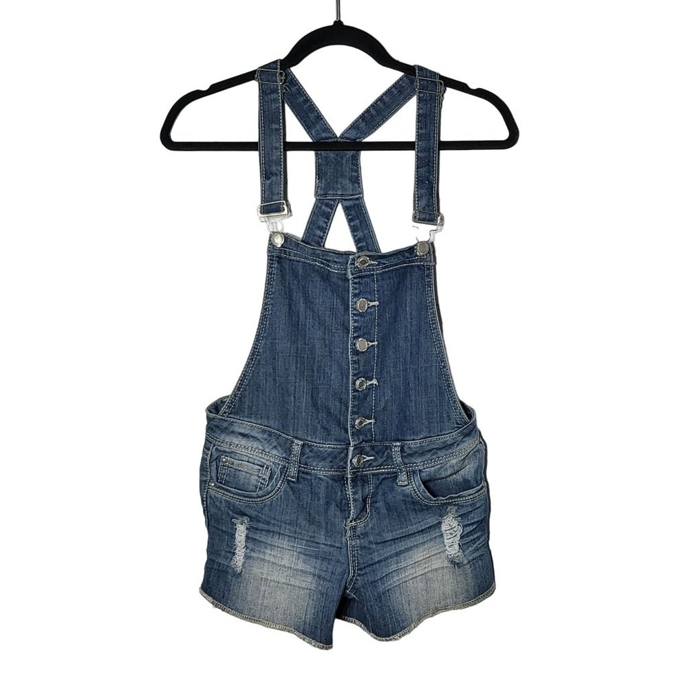 Almost Famous Juniors Denim Blue Jean Distressed Overalls Shorts Size 3 Summer